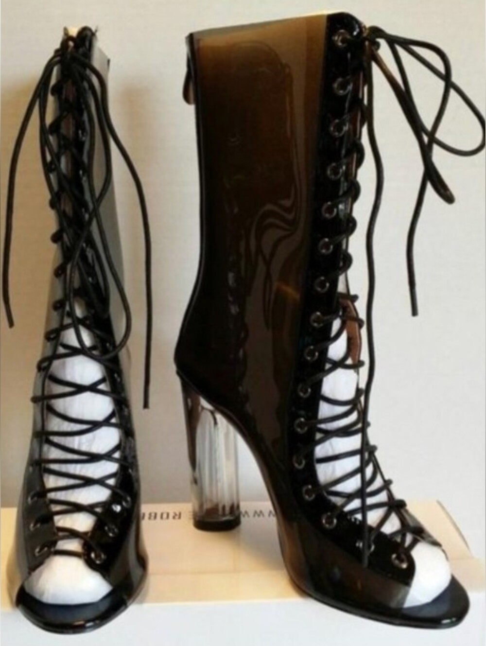 NEW Cape Robbin Bailey-1 Black PVC Lace-Up Open Peep-Toe Clear Heel Boots Sz 10